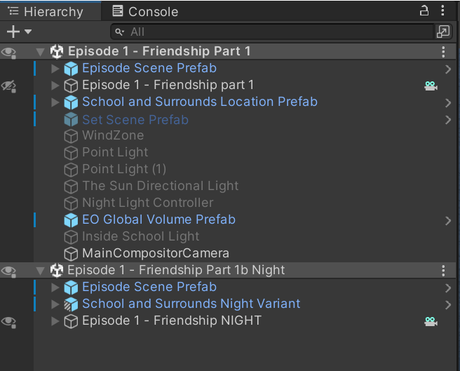 Unity Hierarchy window showing the Day and Night scenes open one above the other
