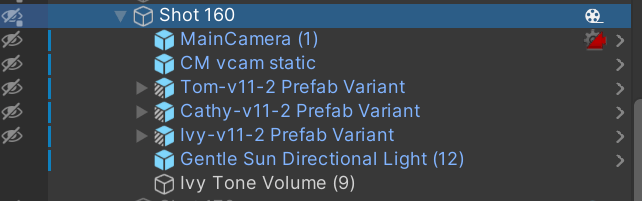 Expanded sequence hierarchy with all child game objects selected to copy between scenes