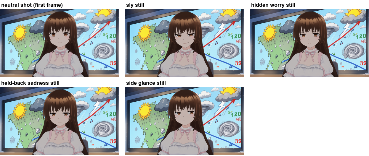 The inputs: the neutral shot, and four expression stills of the same shot