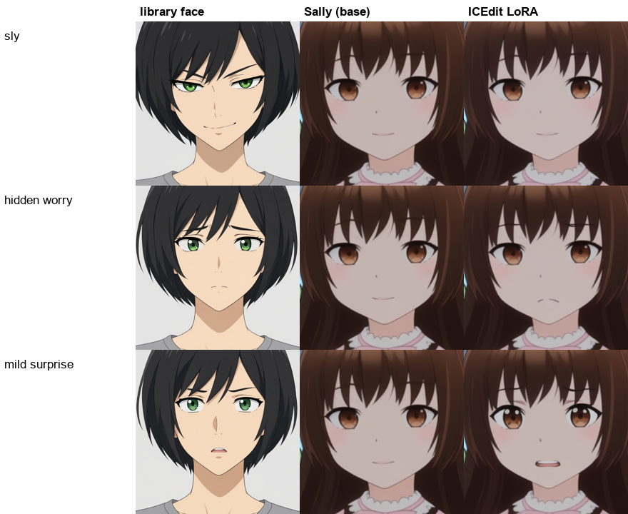 ICEdit LoRA: library face, Sally, and the result