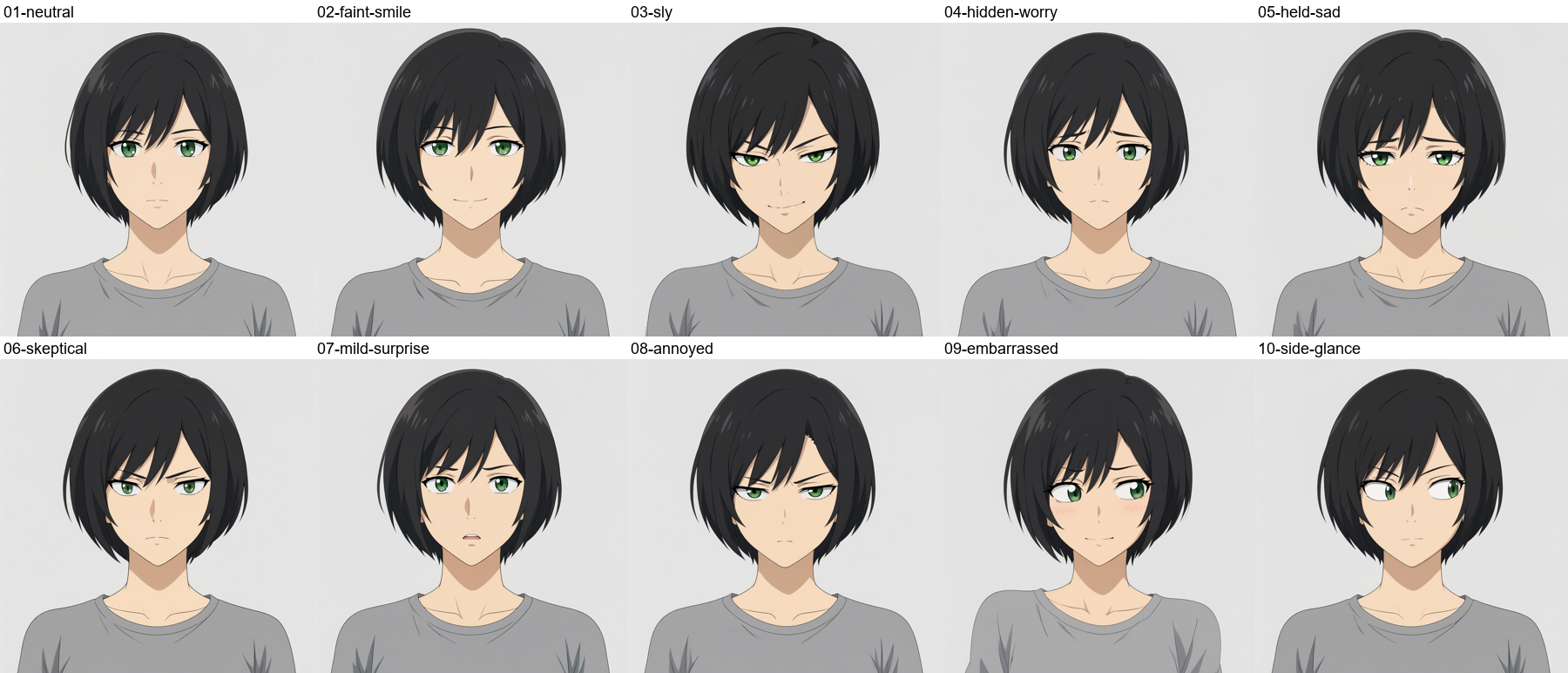The expression library: one face per expression, on a different character
