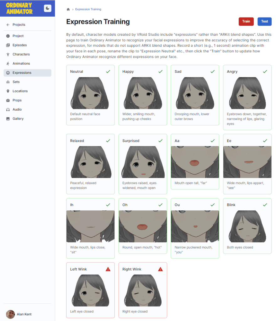 Expression training page showing which reference clips are defined and which are missing