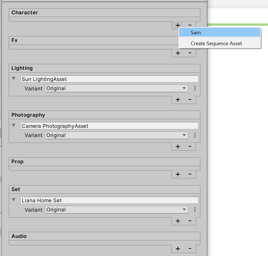 Unity Sequence Assembly window for adding characters, lights, sets, and props