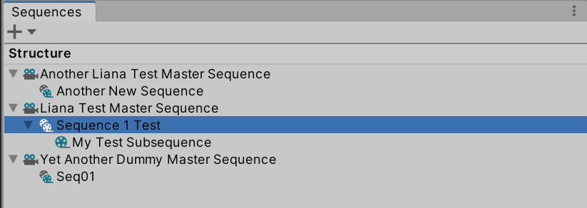 Unity Sequences window showing master sequences, sequences, and sub-sequences