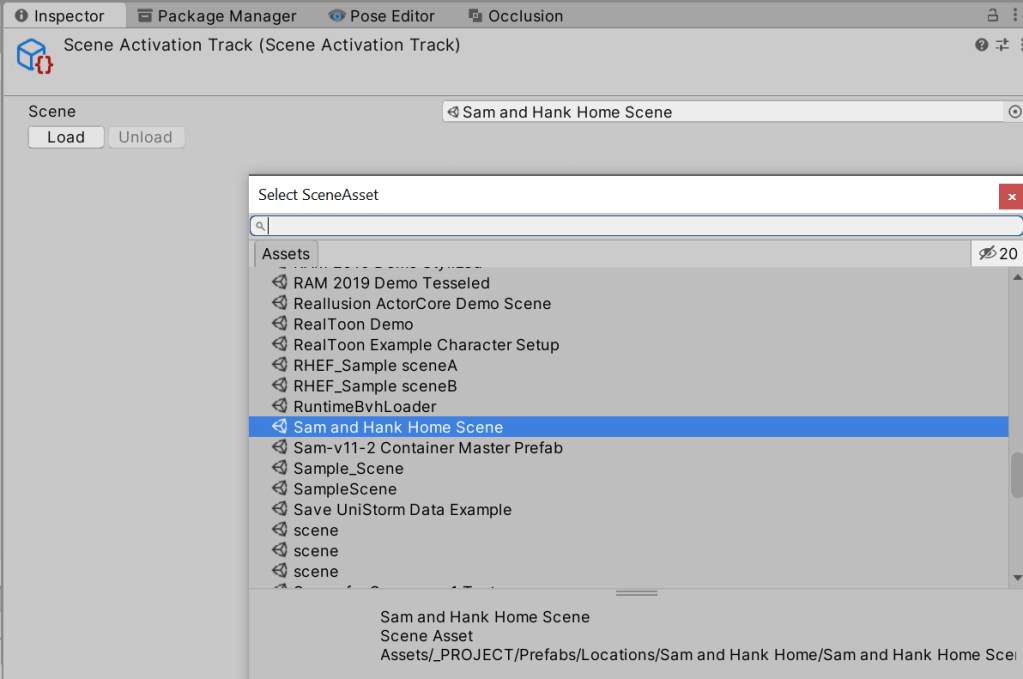 Inspector panel for the scene activation track selecting which scene to load
