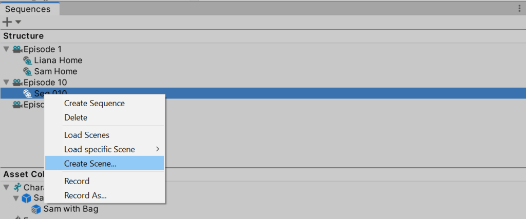 Right-click menu showing the Create Scene option in the Structure panel
