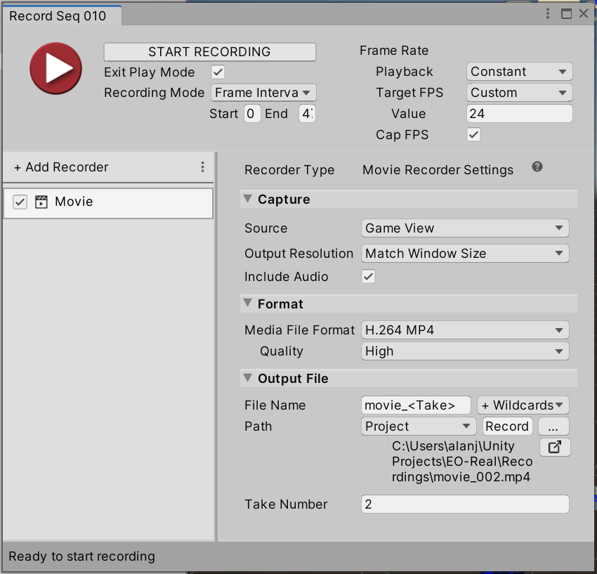 Unity recorder panel for recording a sequence with the Add Recorder button