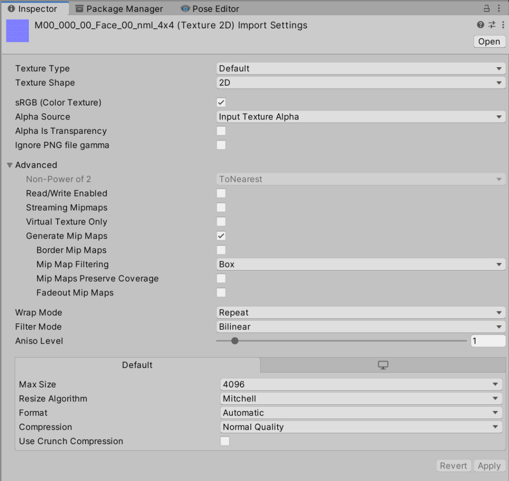 Unity texture inspector with Max size changed from 2048 to 4096 for the tiled face texture
