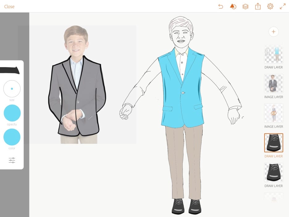 Tracing a character drawing over a semi transparent reference photo layer in Adobe Draw