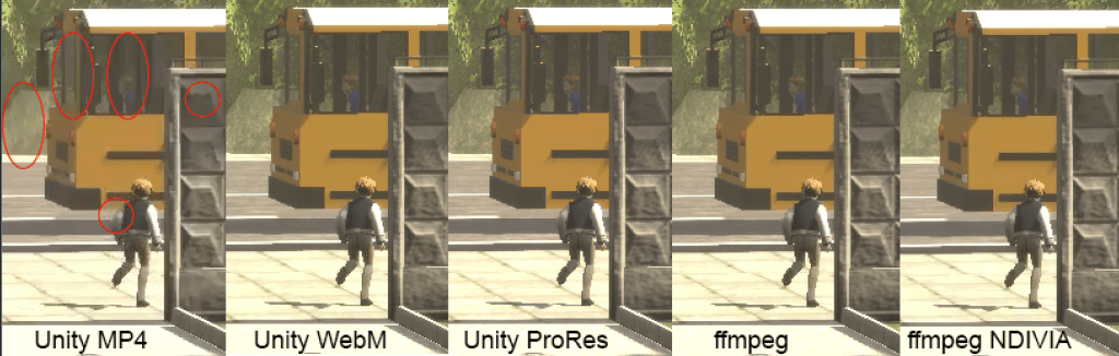 Zoomed comparison of the front of the bus across different recorder output formats