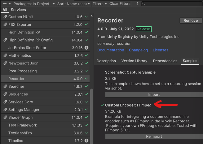 Unity Package Manager installing the Customer Encoder FFmpeg sample for Recorder 4.0.0