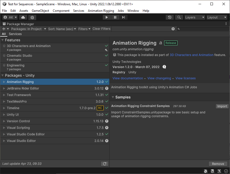 Unity Package Manager showing Animation Rigging version 1.2.0 installed