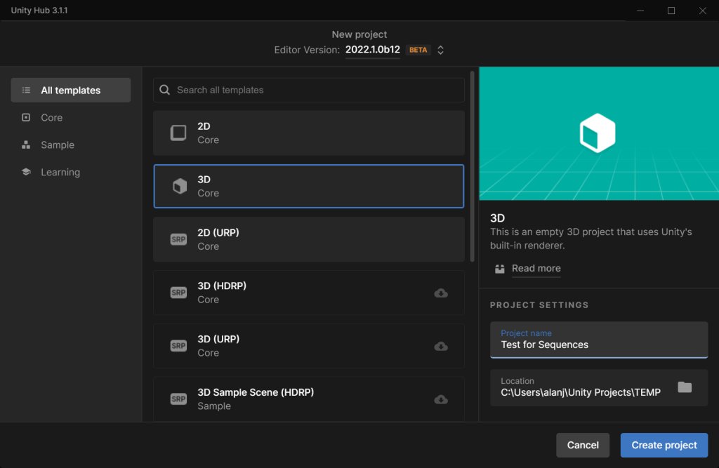 Unity Hub creating a new project with version 2022.1.0b12 and the built in render pipeline