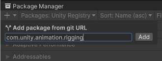 Entering com.unity.animation.rigging into the Unity add package from git URL field