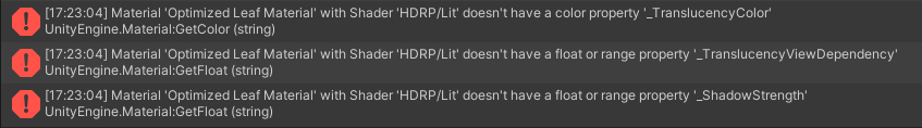Unity console errors after changing a tree to the HDRP Lit shader