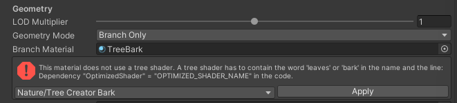 Tree Editor warning offering to set the shader to Nature Tree Creator Bark
