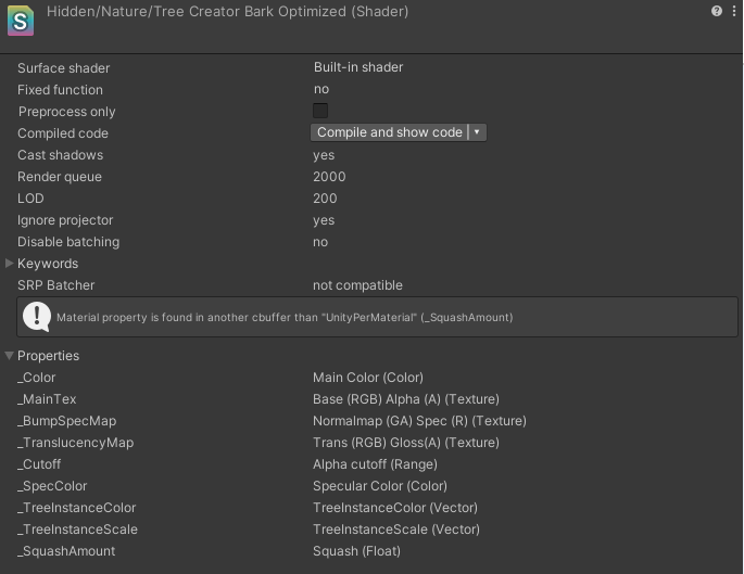 Inspector listing the properties supported by the Nature Tree Creator Bark shader