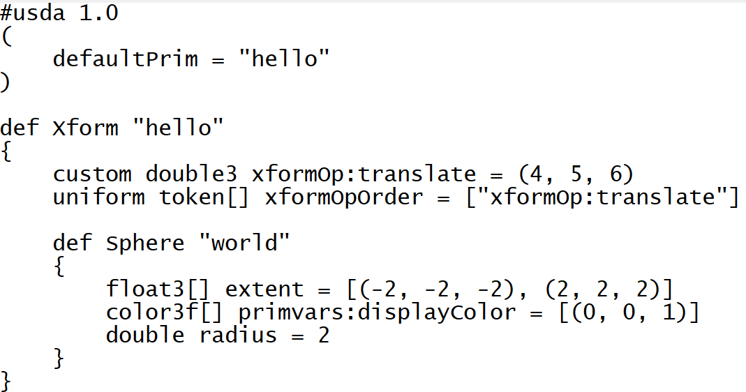 Example USD file showing a hierarchical tree of prims with properties similar to an XML document