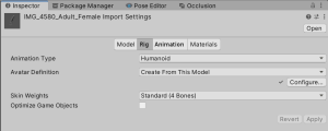Unity inspector Rig tab setting the FBX Animation Type to Humanoid