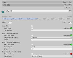 Unity animation clip import settings with loop checkbox and start and stop offset sliders