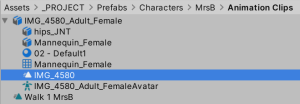 Duplicated animation clip saved as a separate Walk 1 MrsB anim file in Unity