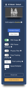 DeepMotion Animate 3D settings screen with animation output and processing options
