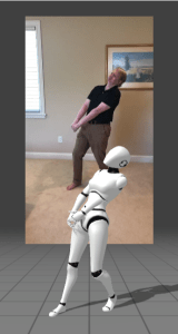 DeepMotion preview of the generated animation clip beside the source video of an old lady with a suitcase
