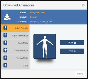 DeepMotion download dialog choosing the Adult Female character type