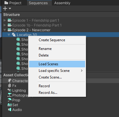 Unity Sequences window used to load individual set scenes