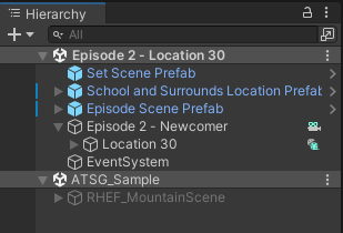 Unity hierarchy showing loaded set scenes nested under the main scene