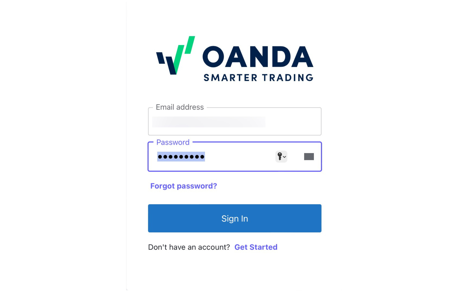 OANDAのメールアドレス、パスワードを入力、「Sign In」をクリック