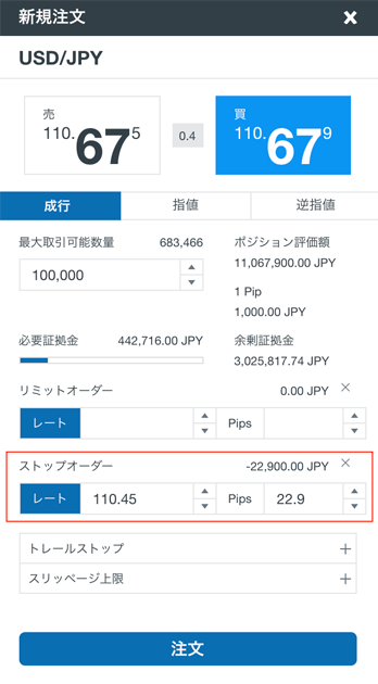 OANDAの注文パネルでのストップロスの注文方法