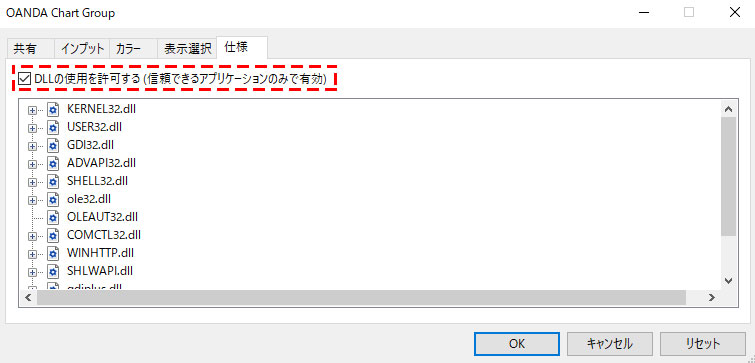MT5のチャートグループの設定画面でDLLの仕様を許可するにチェックを入れる画像