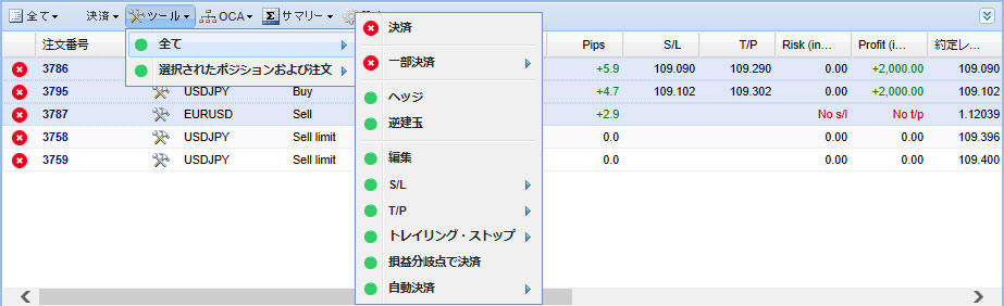 MT5のTradeterminalのツールから注文、ポジションの決済、取消、変更の画像