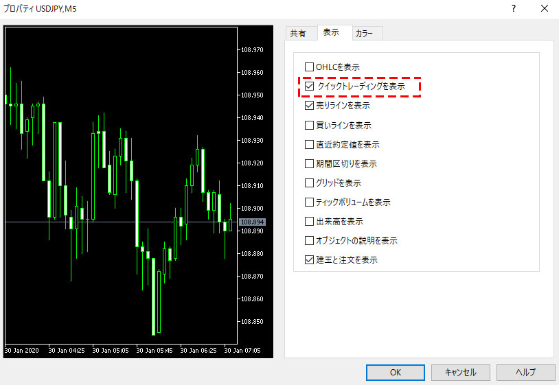 MT5のクイックトレーディングの表示切替方法の画像