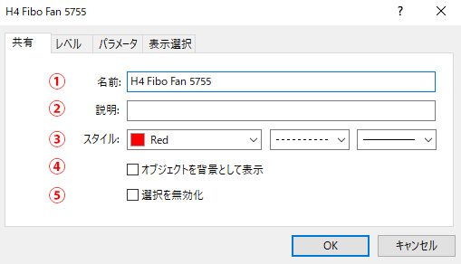 MT5のフィボナッチファンのプロパティ画面の画像