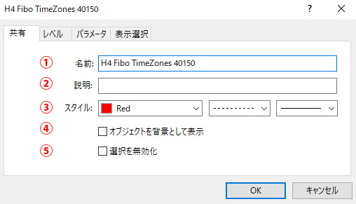 MT5のフィボナッチタイムゾーンのプロパティ画面の画像