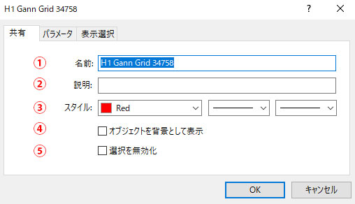 MT5のギャングリッドのプロパティ画面の共有タブの画像