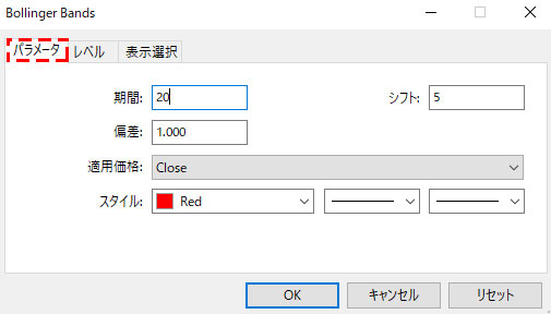 MT5のインディケーターのプロパティ画面の「パラメータ」タブの画像