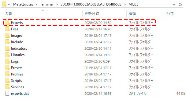 MT5のMQLファイル内の「Expert」タブの画像