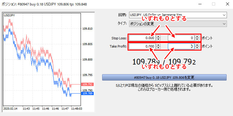 MT5（メタトレーダー5）の保有中のポジションの決済指値・逆指値注文の変更方法