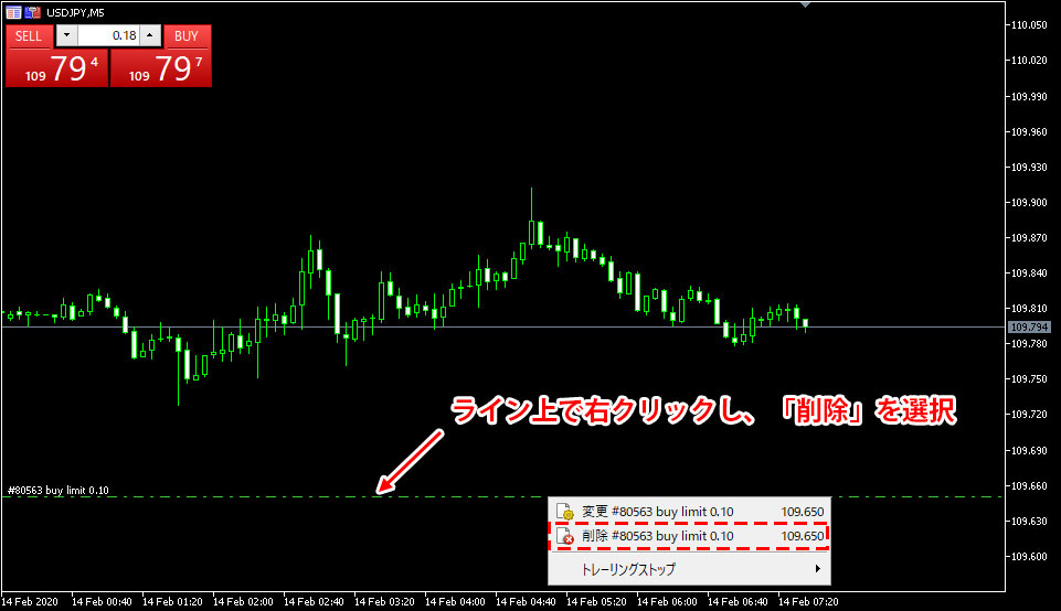 MT5のチャート上で注文をキャンセルする方法の画像