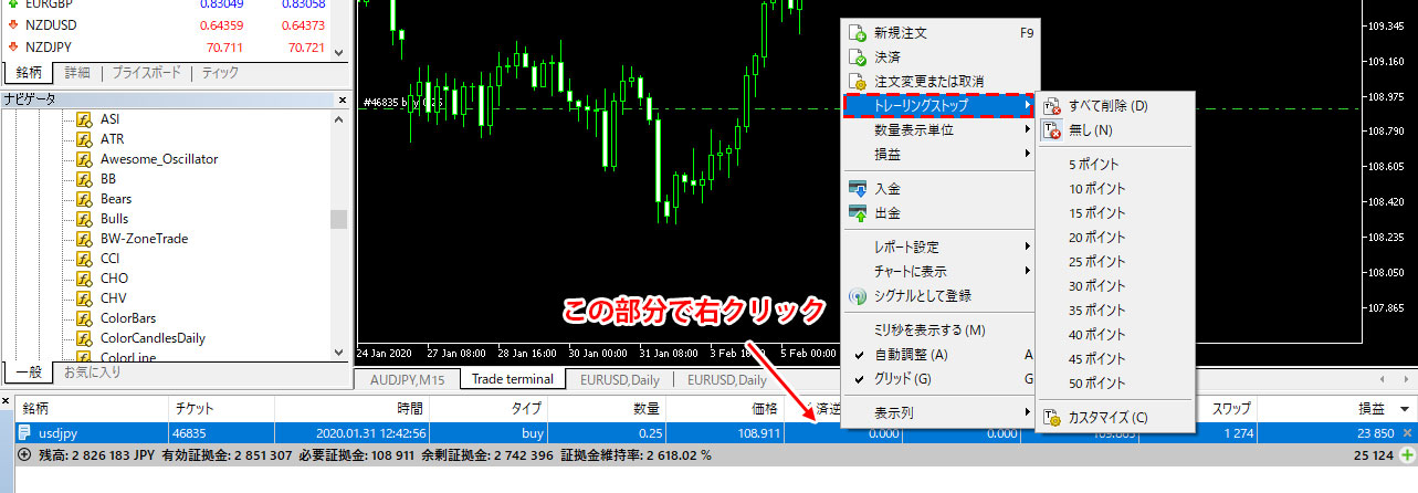 MT5のトレーリングストップに関するメニューをツールボックスから表示する場合の画像