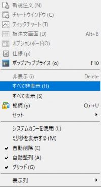 MT5の気配値表示で右クリックし、すべて非表示を選択する画像