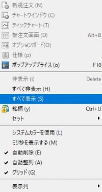 MT5の気配値表示で右クリックし、すべて表示を選択する画像