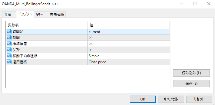 OANDA_Multi_BollingerBandsの設定画面