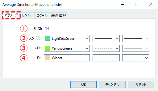 設定画面の「パラメータ」タブ