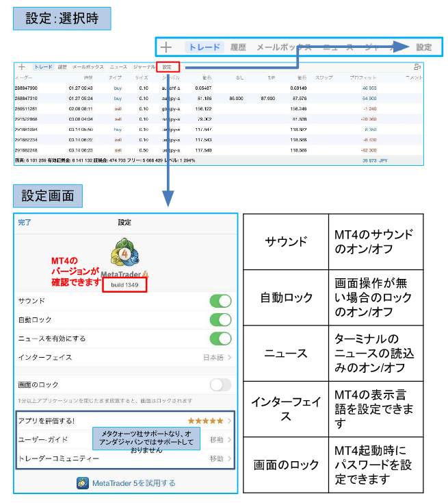 >設定項目を選択時のターミナルの見方