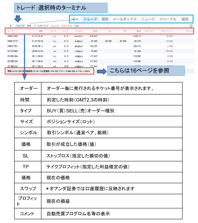 トレード項目を選択時のターミナルの見方