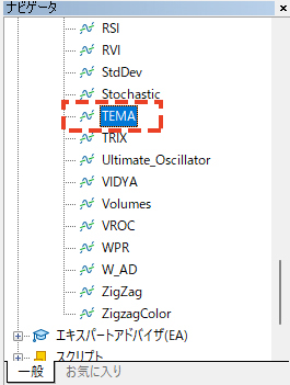 MT5の「ナビゲータ」にある「指標」→「Examples」を順にクリックし、「Examples」内の「TEMA」をダブルクリックまたはチャート上にドラッグ&ドロップ